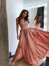 A Line Pink V Neck Satin Slit Prom Dresses Appliques LBQ3841